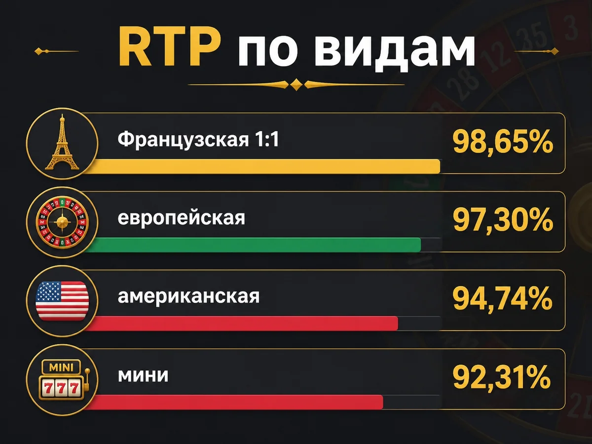 RTP по видам: Французская 1:1 — 98,65%, европейская 97,30%, американская 94,74%, мини 92,31%